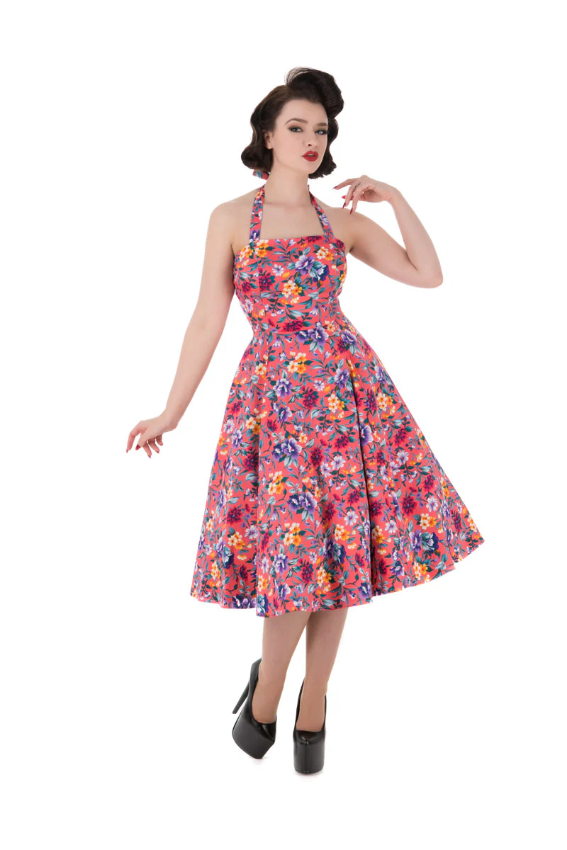 Pink Multi Floral Rockabilly Halter Neck Swing Dress