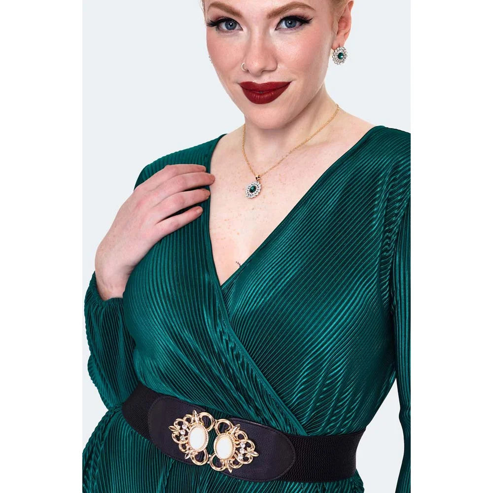 Dark Green Plisse Wrap Midi Flare Dress