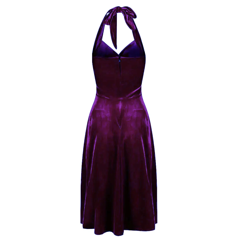 Purple Velour Halterneck Empire Waist 50s Swing Dress