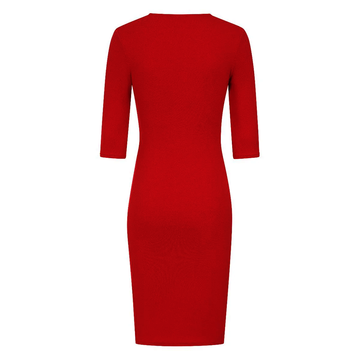 Red 3/4 sleeve deep V neck ruched detail wrap effect dress