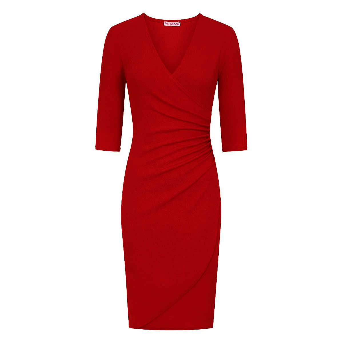 Red 3/4 sleeve deep V neck ruched detail wrap effect dress