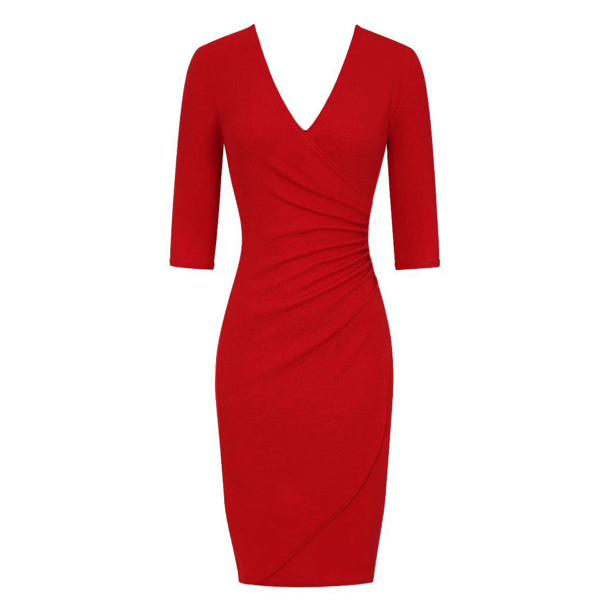 Red 3/4 sleeve deep V neck ruched detail wrap effect pencil dress