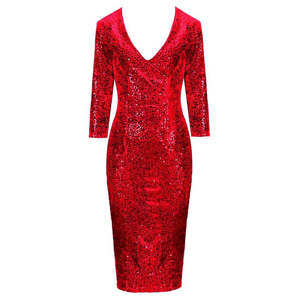 Red 3/4 Sleeve V Neck Velour Sequin Pencil Wiggle Dress