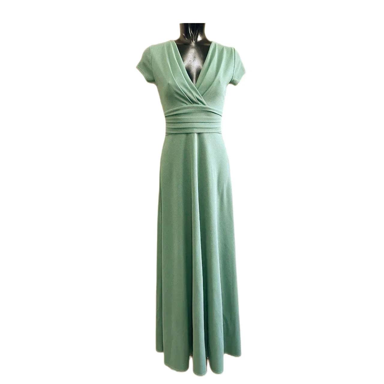 Sage Green V Neck Cap Sleeve Maxi Dress