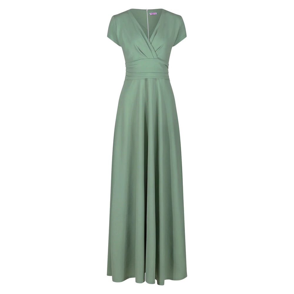 Sage Green V Neck Cap Sleeve Maxi Dress