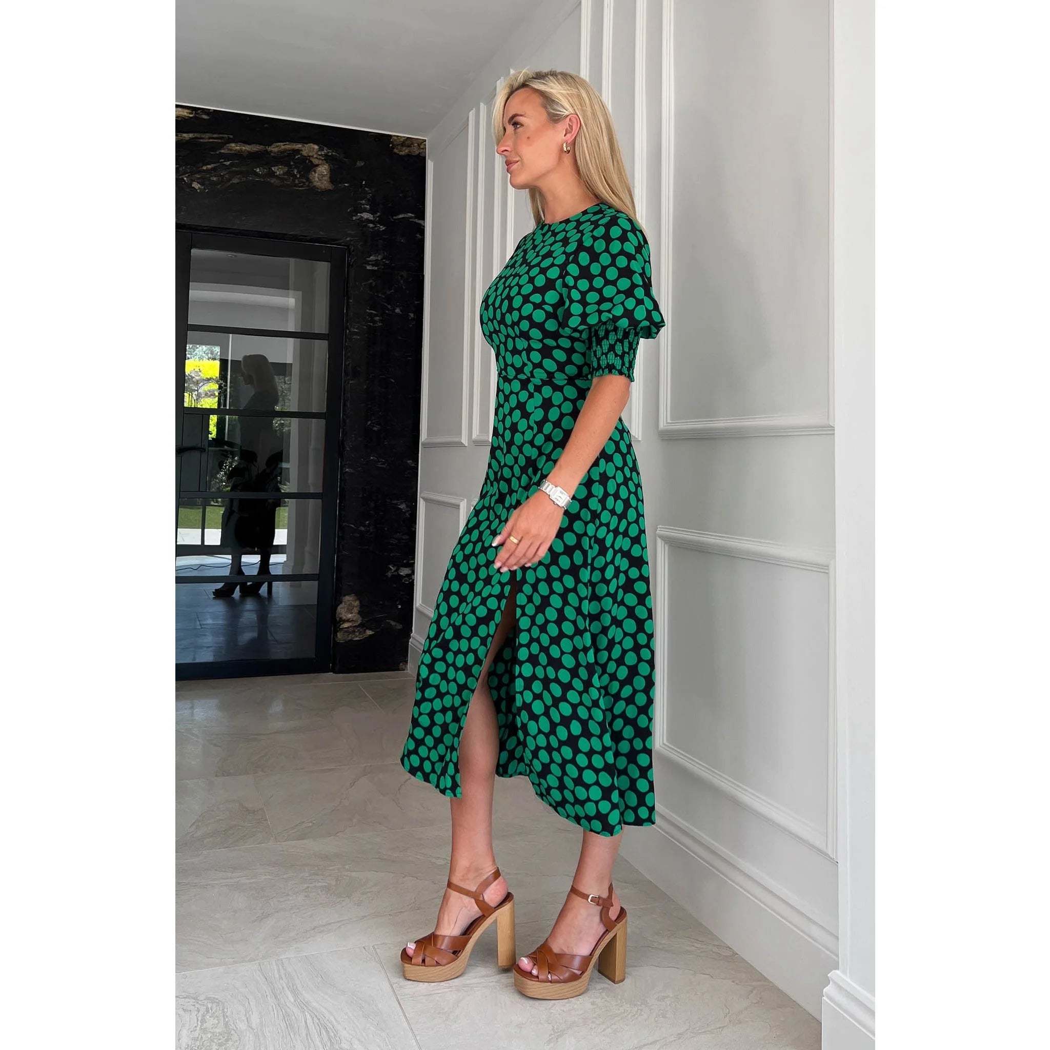 Green polka dot midi dress hotsell