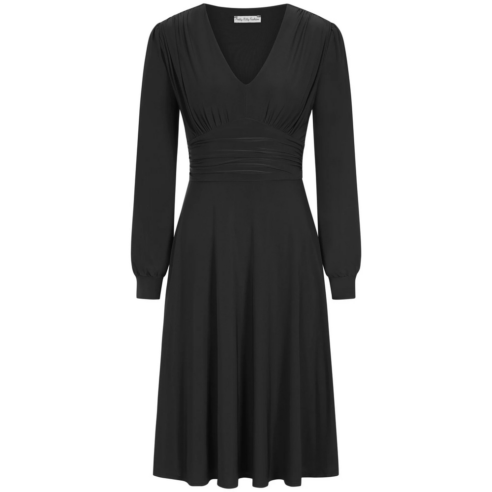 Slinky Black Long Sleeve Ruched Deep V Neck Dress