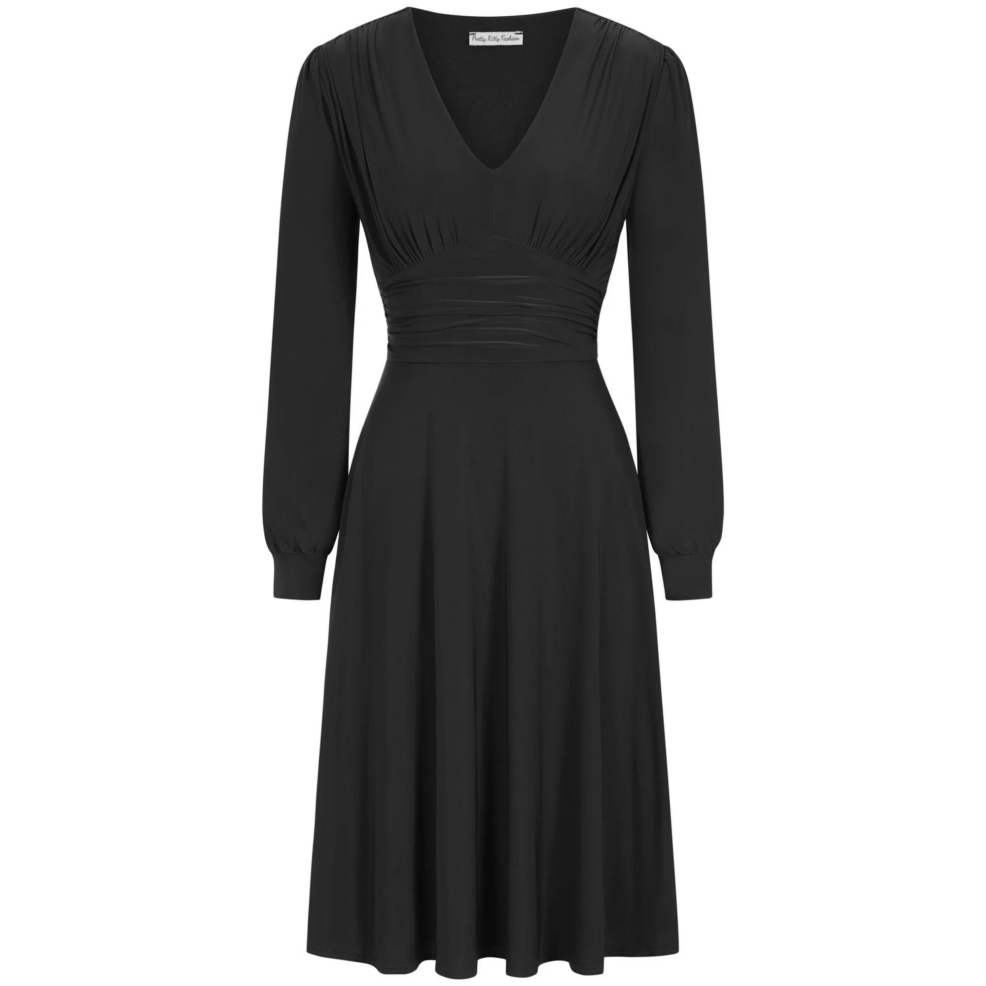 Slinky Black Long Sleeve Ruched Deep V Neck Dress