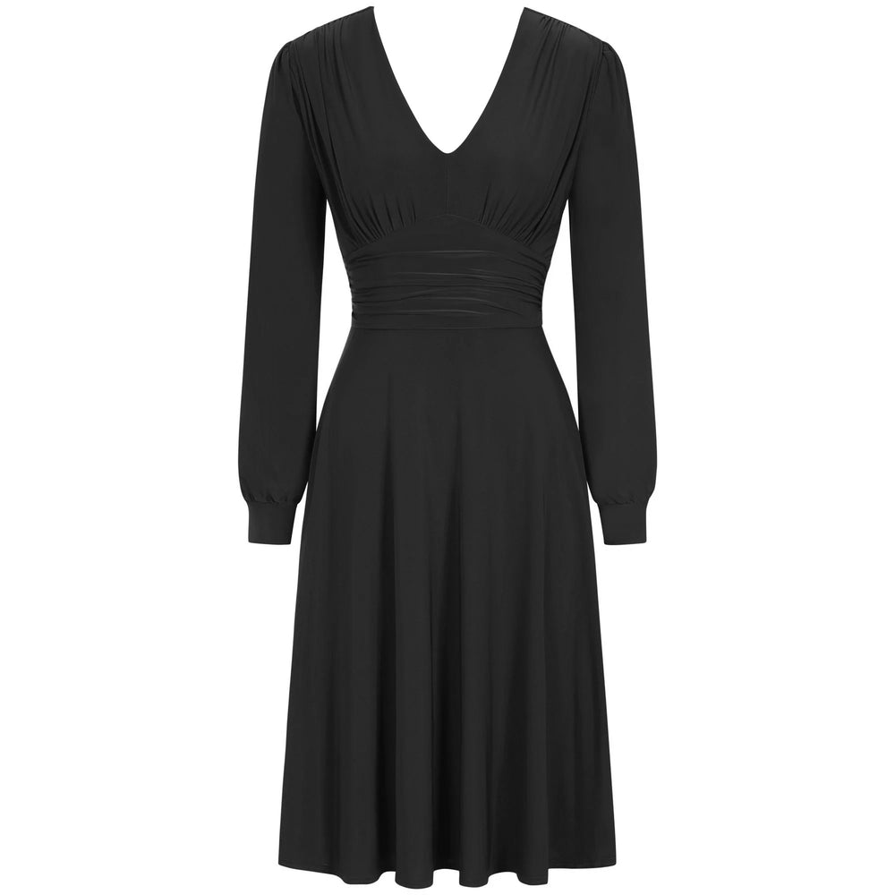 Slinky Black Long Sleeve Ruched Deep V Neck Dress