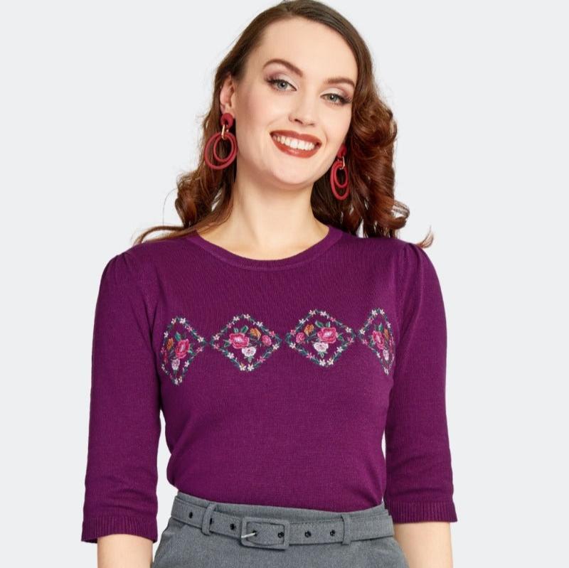 Purple Floral Half Sleeve Sweater