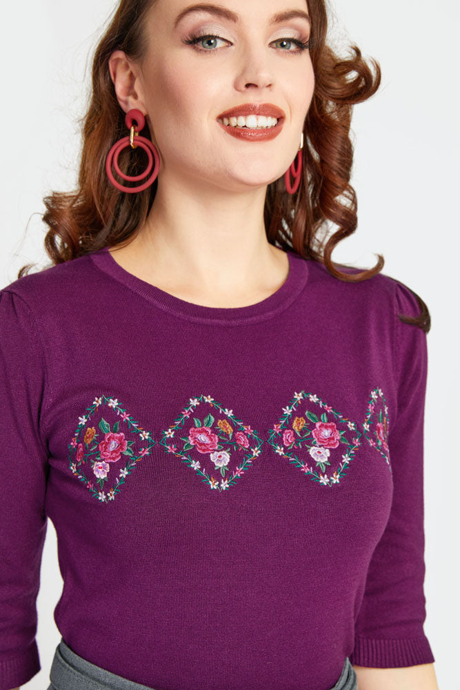 Purple Floral Half Sleeve Sweater