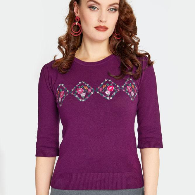 Purple Floral Half Sleeve Sweater