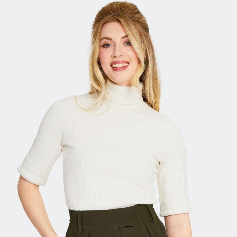 Cream Half Sleeve Roll Neck Sweater