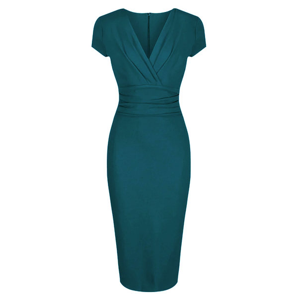Teal Blue Green Deep V Neck Cap Sleeve Ruched Waist Bodycon Wiggle Dre Pretty Kitty Fashion Teal Blue Green Deep V Neck Cap Sleeve Ruched Waist Bodycon Wiggle Dre Pretty Kitty Fashion