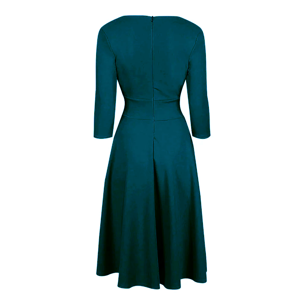 Teal Blue Vintage A Line Crossover 3/4 Sleeve Tea Swing Dress