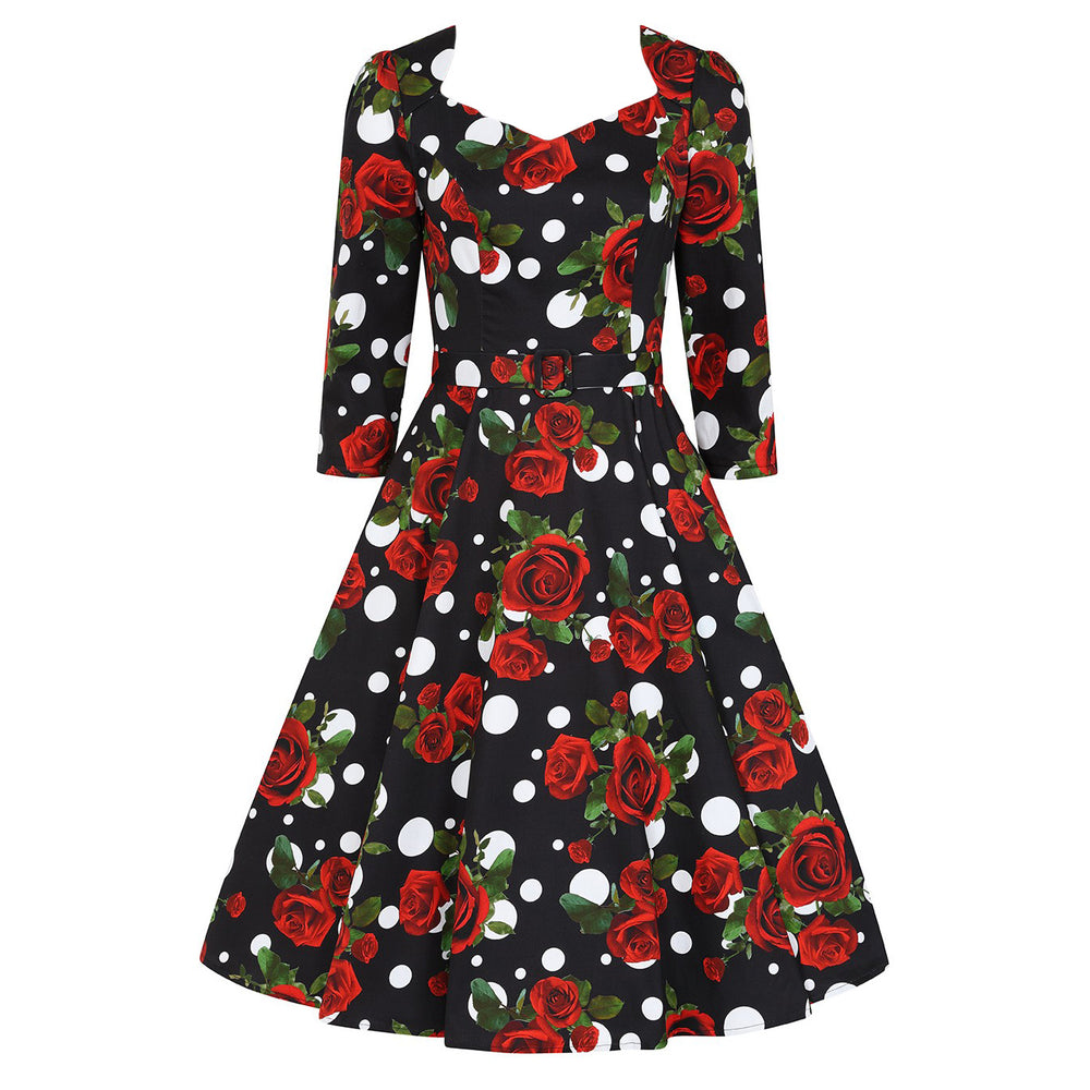 Black White Polka Dot Red Rose Floral Print 3/4 Sleeve 50s Swing Dress With Pockets