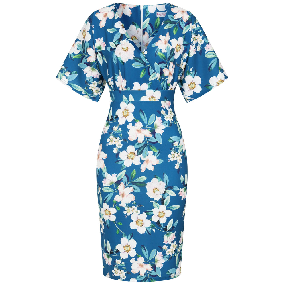 Teal Floral Half Batwing Sleeve Crossover Top Pencil Dress