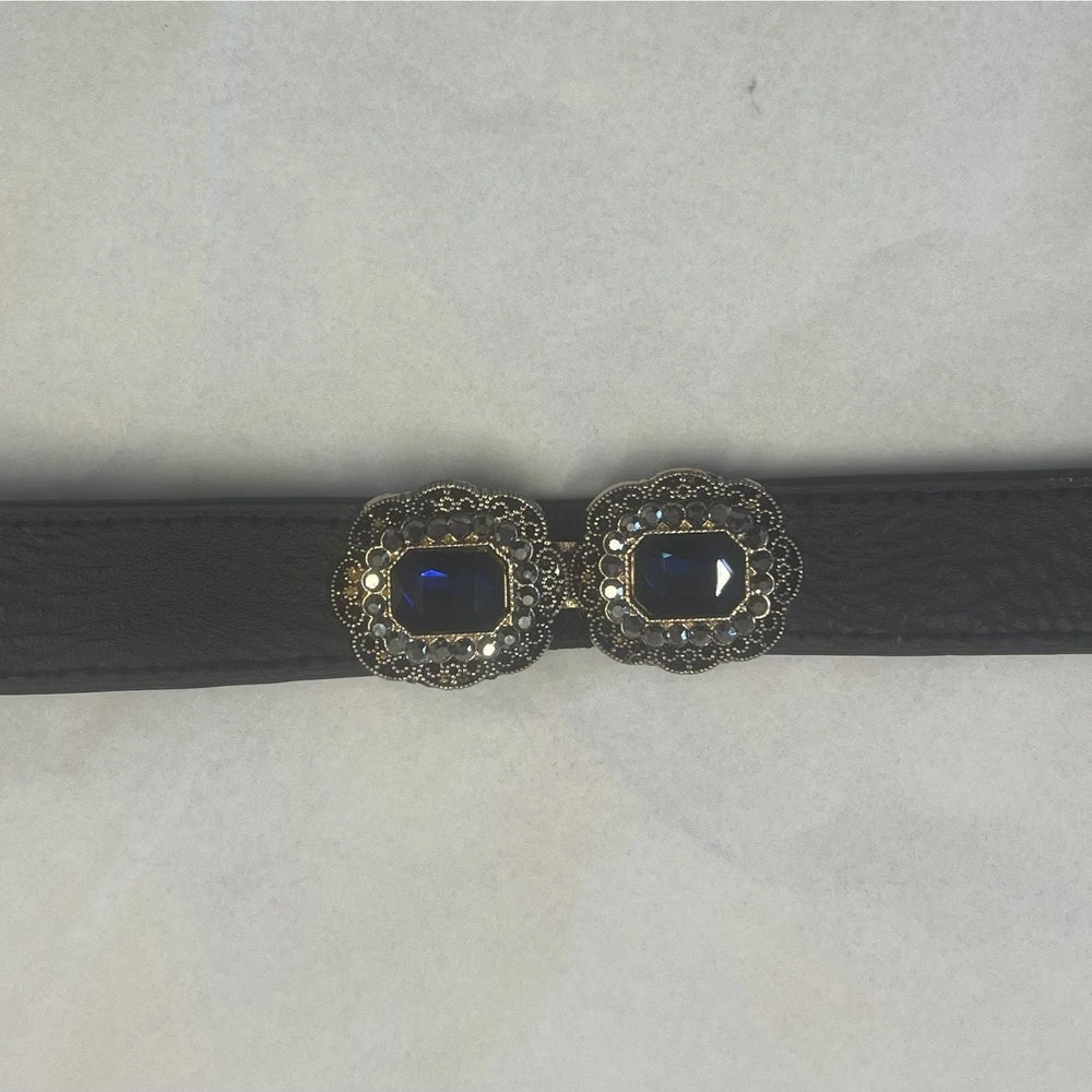 Elegant Blue Jewel Black Elasticated Waist Belt