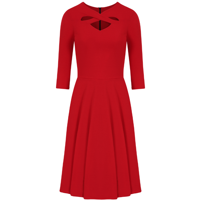 Red Criss-Cross Neckline 3/4 Sleeve 50s Swing Dress