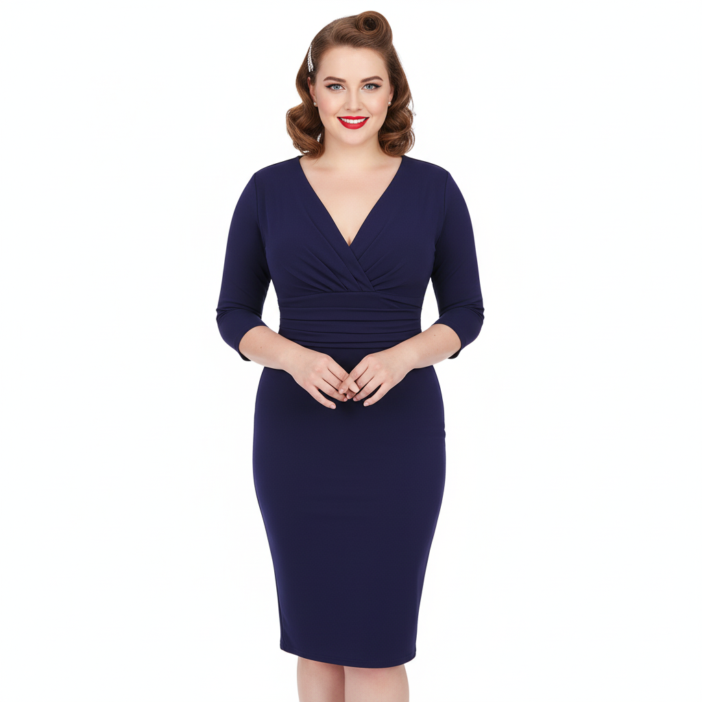 Navy Blue 3/4 Sleeve Deep V Bodycon Ruched Waist Wiggle Dress