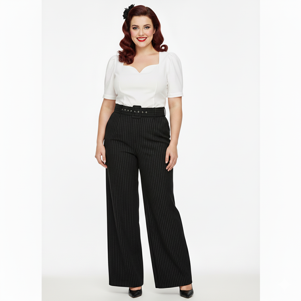 High Waistband Black Belted Pinstripe Flared Trousers