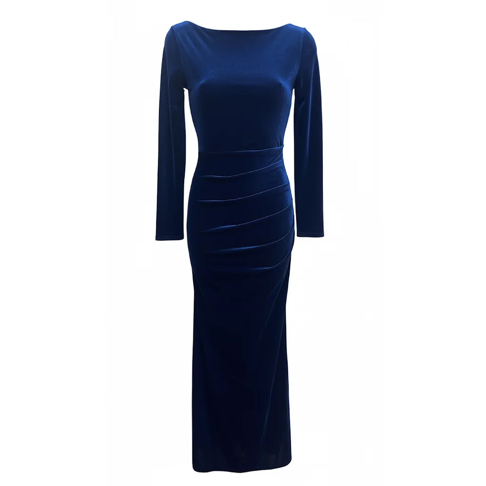 Navy Blue Long Sleeve Boatneck bodycon Velour Maxi Dress