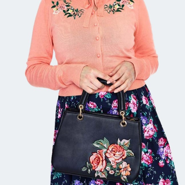 Black Vintage Pink Coral Floral Embroidered Day Bag