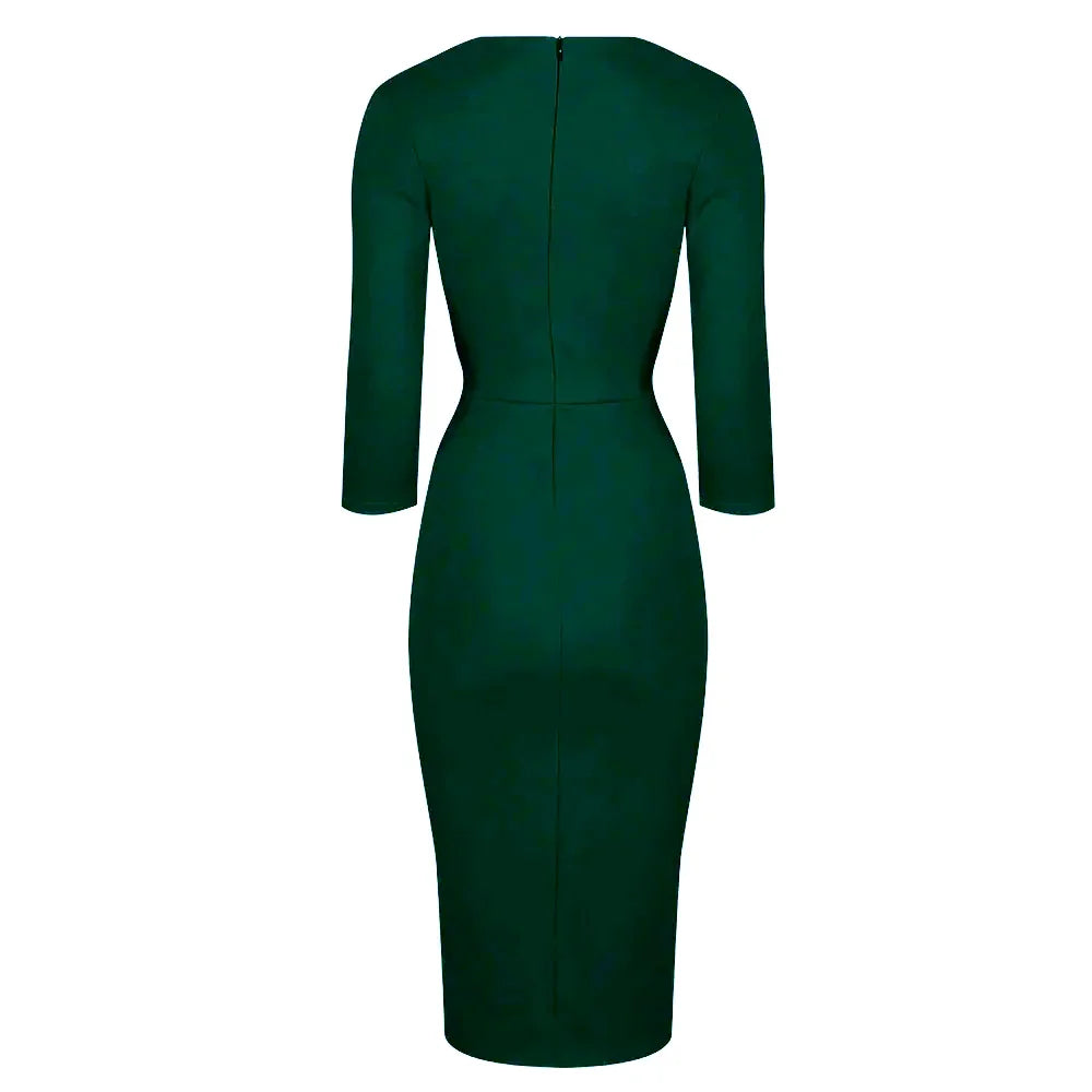 Vintage Forest Green Wrap Over Midi Pencil Dress – Pretty Kitty