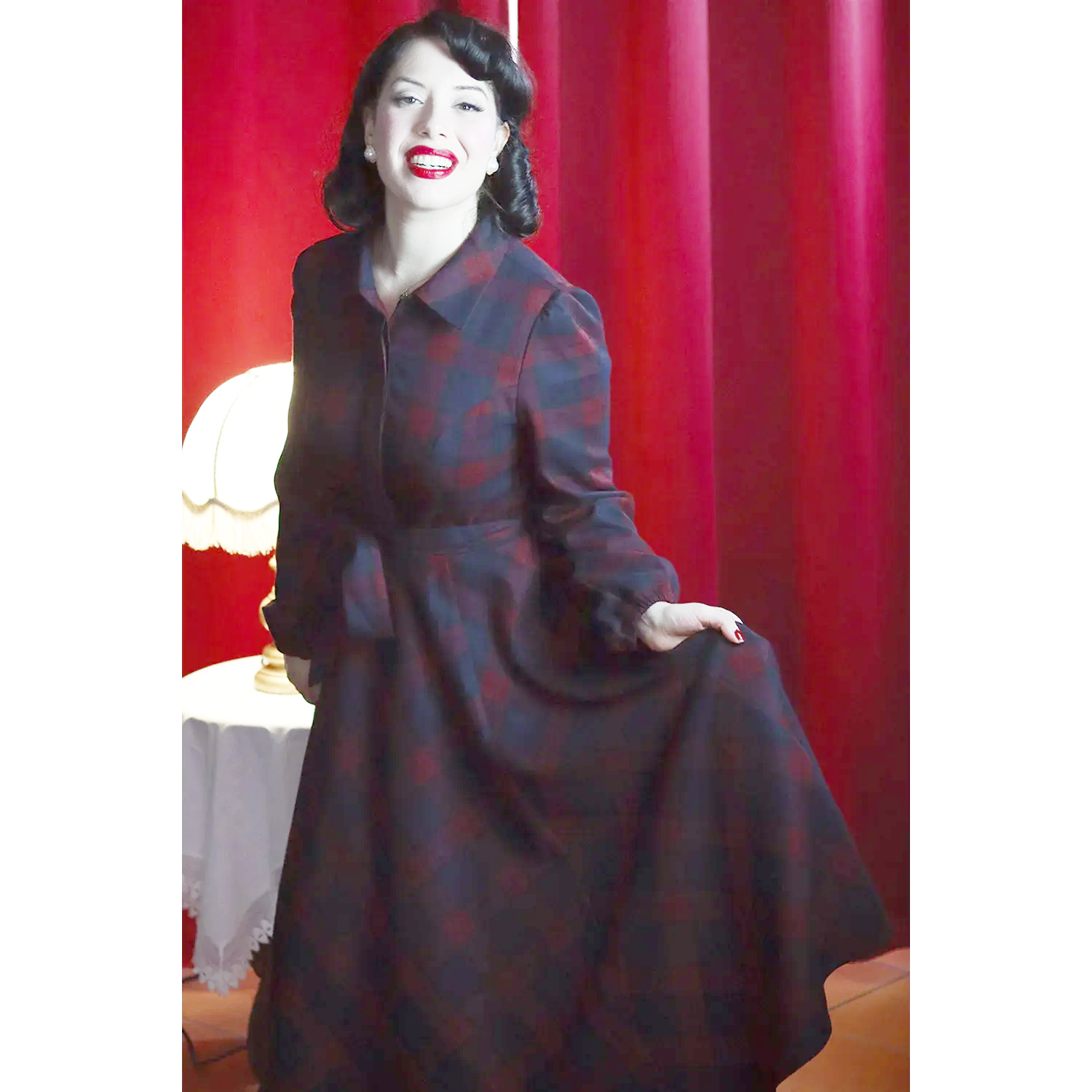 Vintage Red Blue Check Long Sleeve Collar Burns Swing Dress