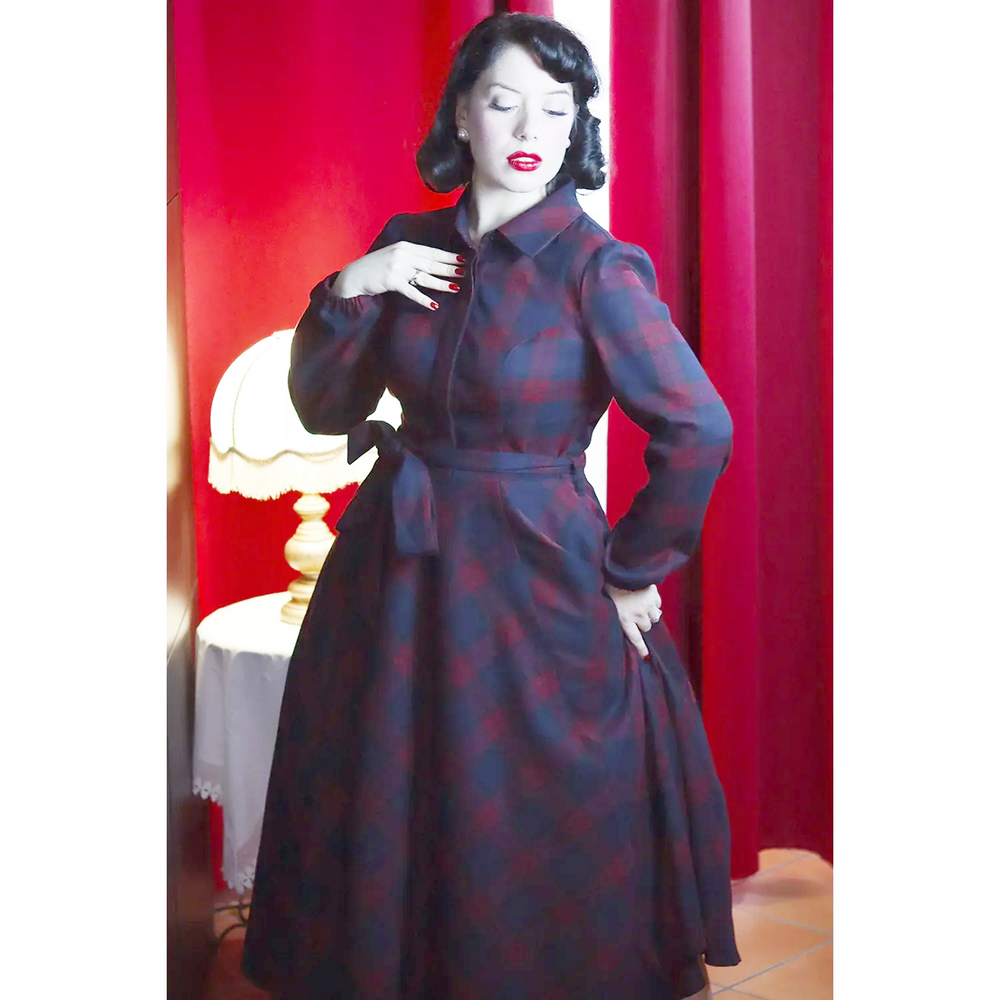 Vintage Red Blue Check Long Sleeve Collar Burns Swing Dress