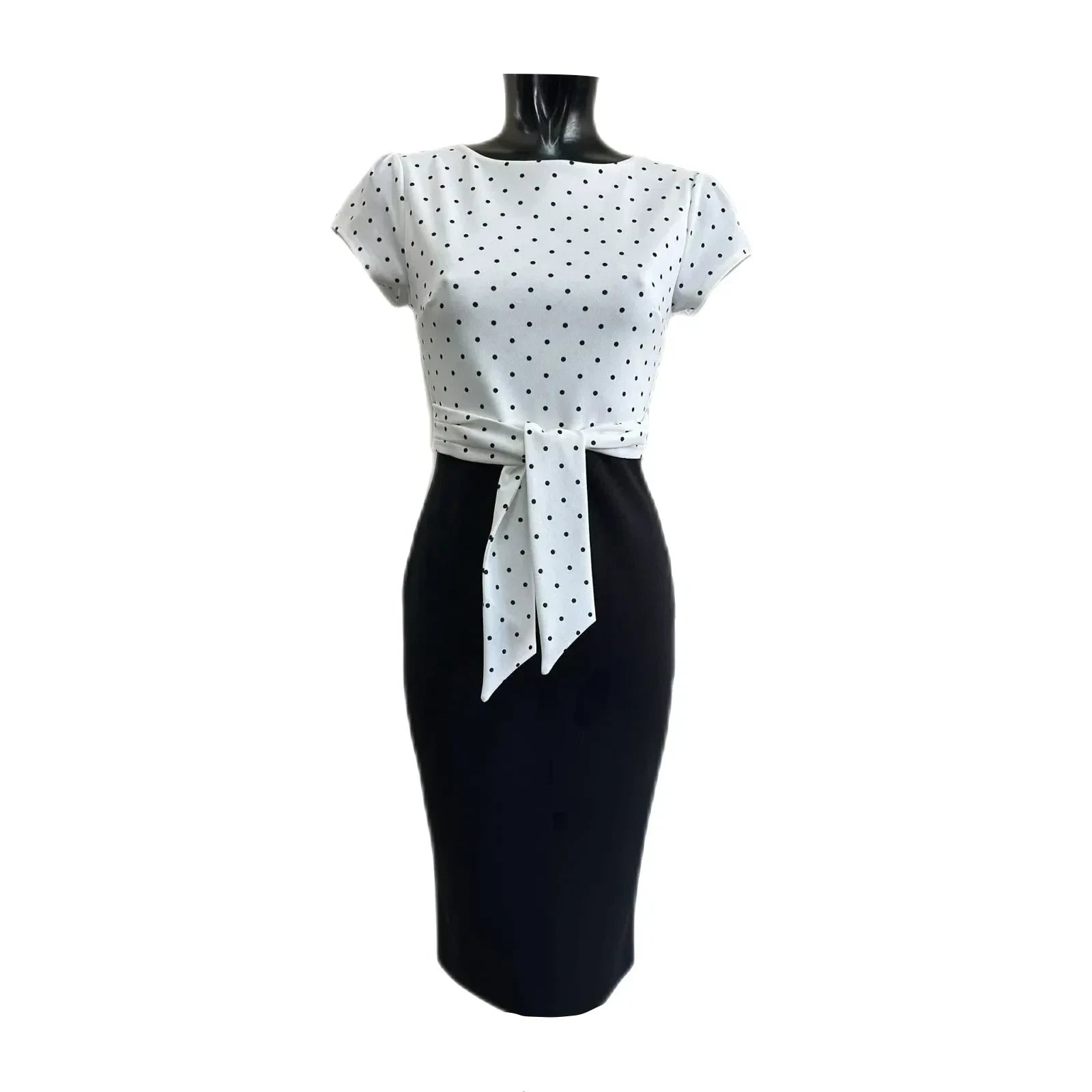 White And Black Polka Dot Print Tie Front Bodycon Midi Dress