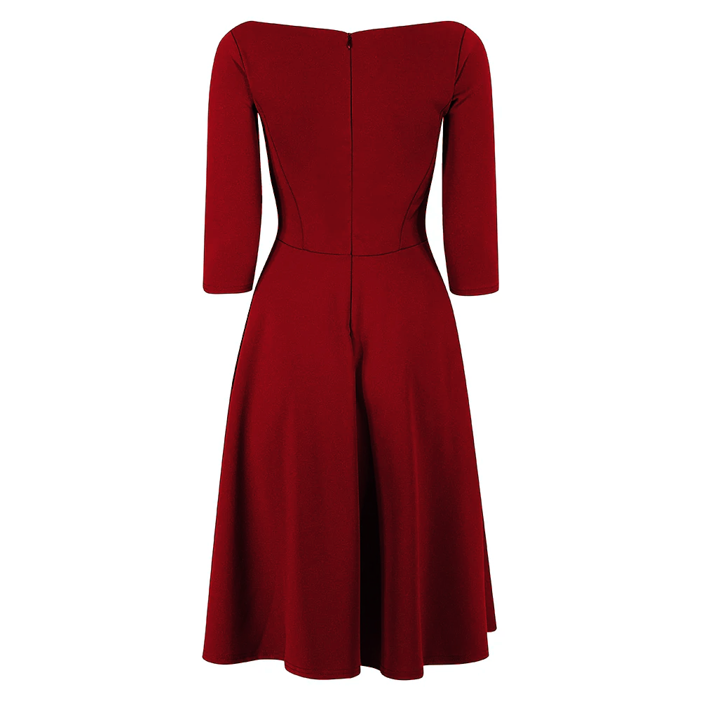 Wine Red 3/4 Sleeve Boat Neck Audrey Hepburn Style 50s Swing Dress