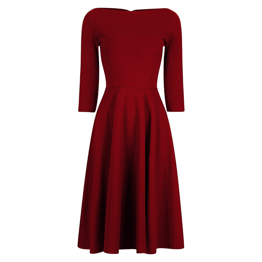 Wine Red 3/4 Sleeve Boat Neck Audrey Hepburn Style 50s Swing Dress