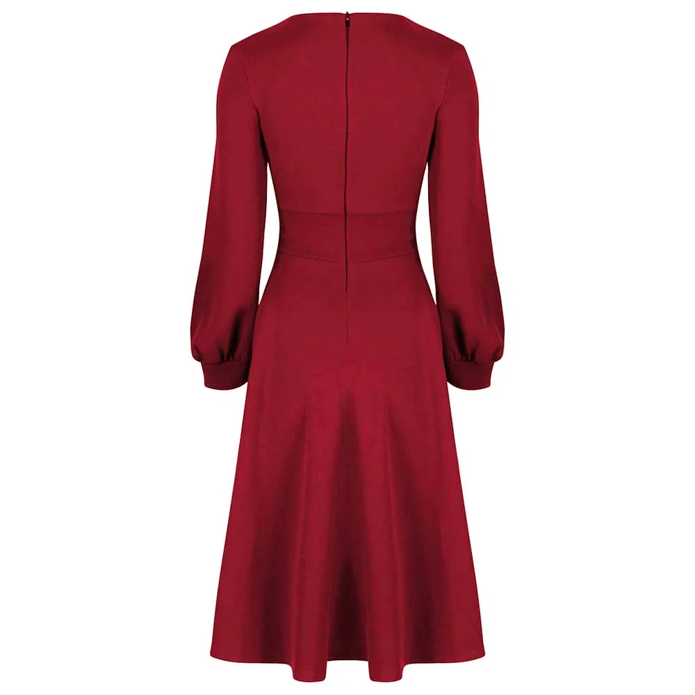 Wine Red Long Sleeve A Line Vintage Crossover Tea Swing Dress