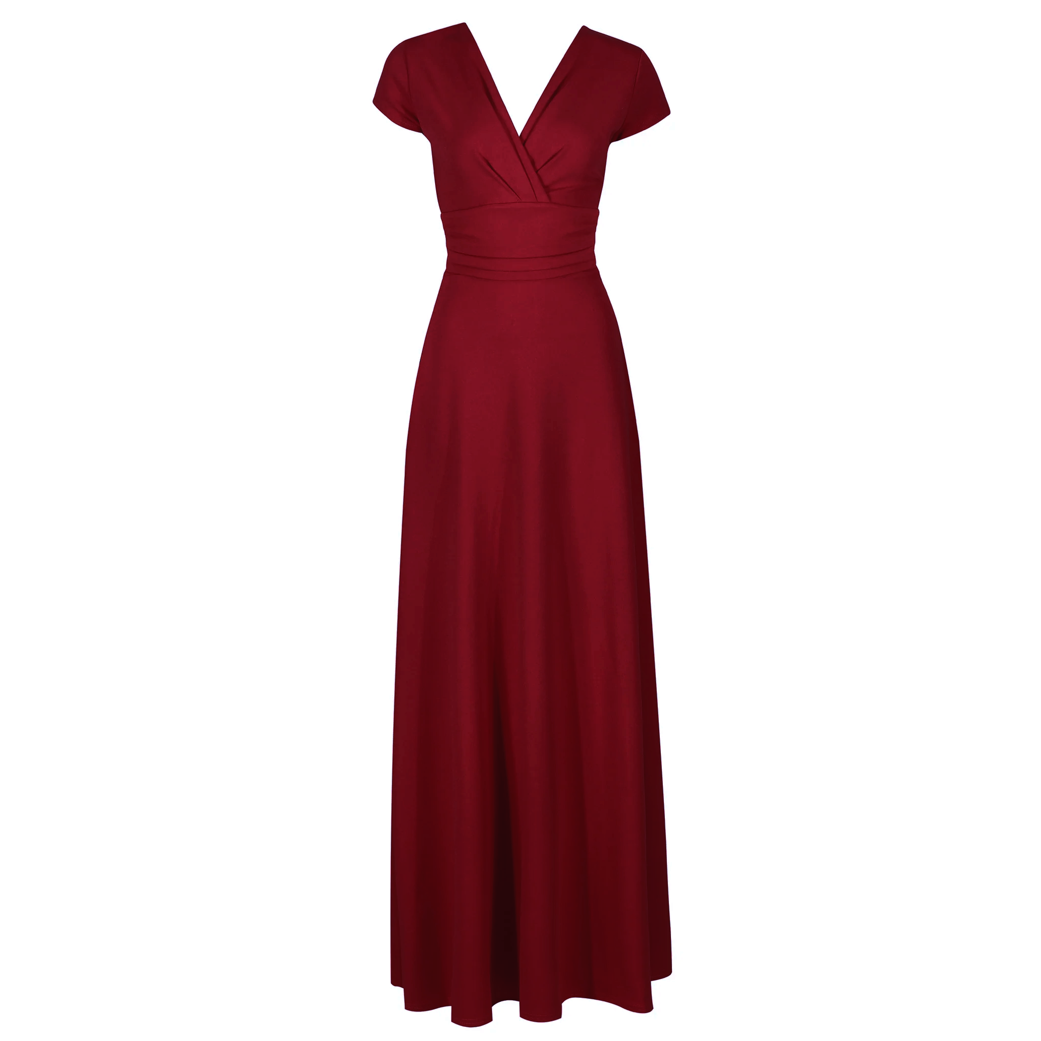 Wine Red V Neck Cap Sleeve Maxi Dress