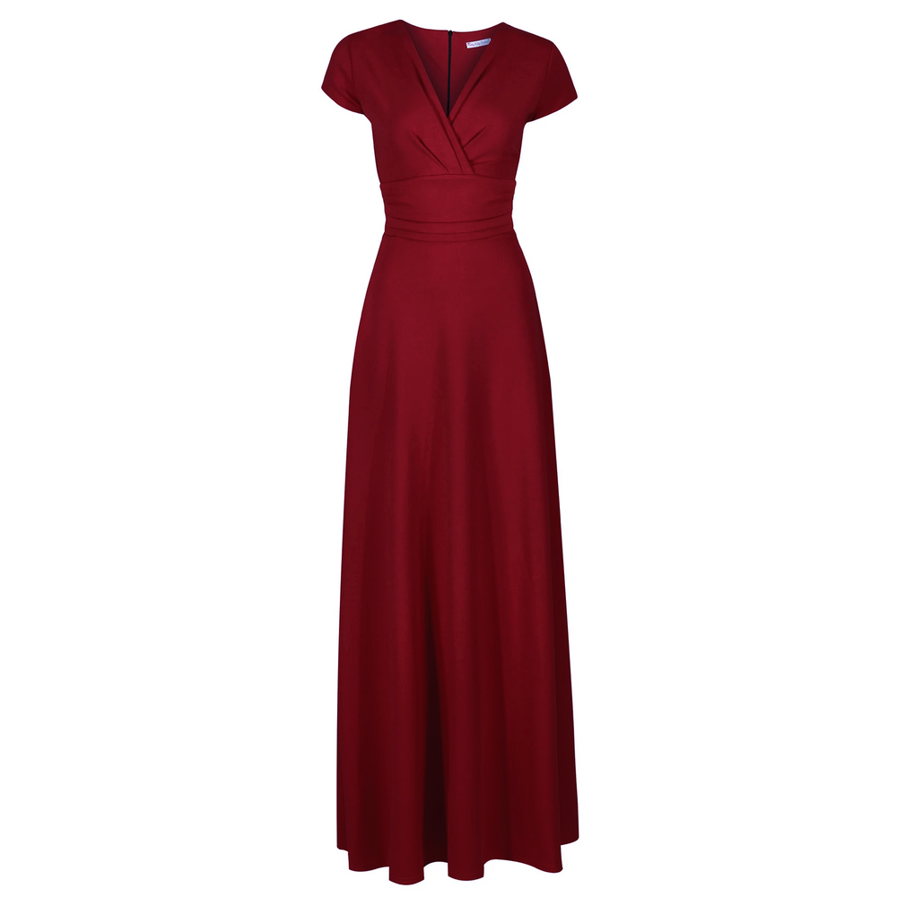 Wine Red V Neck Cap Sleeve Maxi Dress