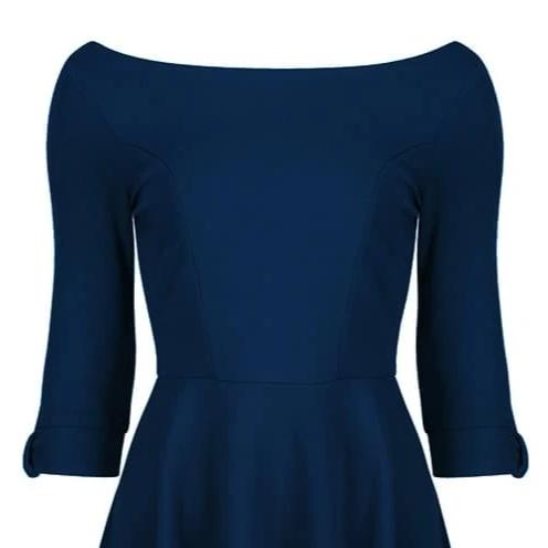 Navy Blue 3/4 Sleeve Bardot Vintage Fit And Flare Midi Dress