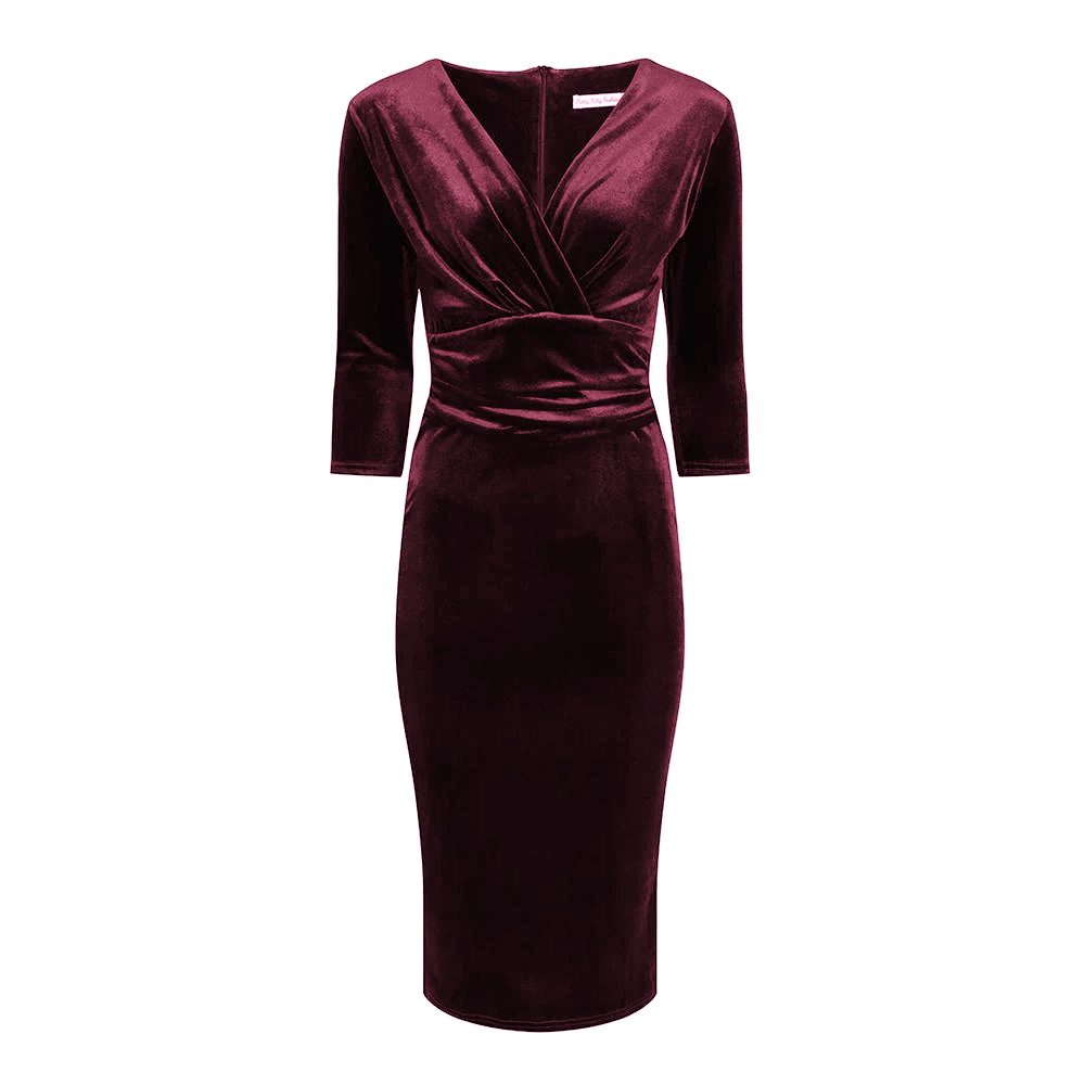 Claret Red Velour Deep V 3/4 Sleeve Bodycon Ruched Waist Wiggle Dress