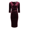Claret Red Velour Deep V 3/4 Sleeve Bodycon Ruched Waist Wiggle Dress