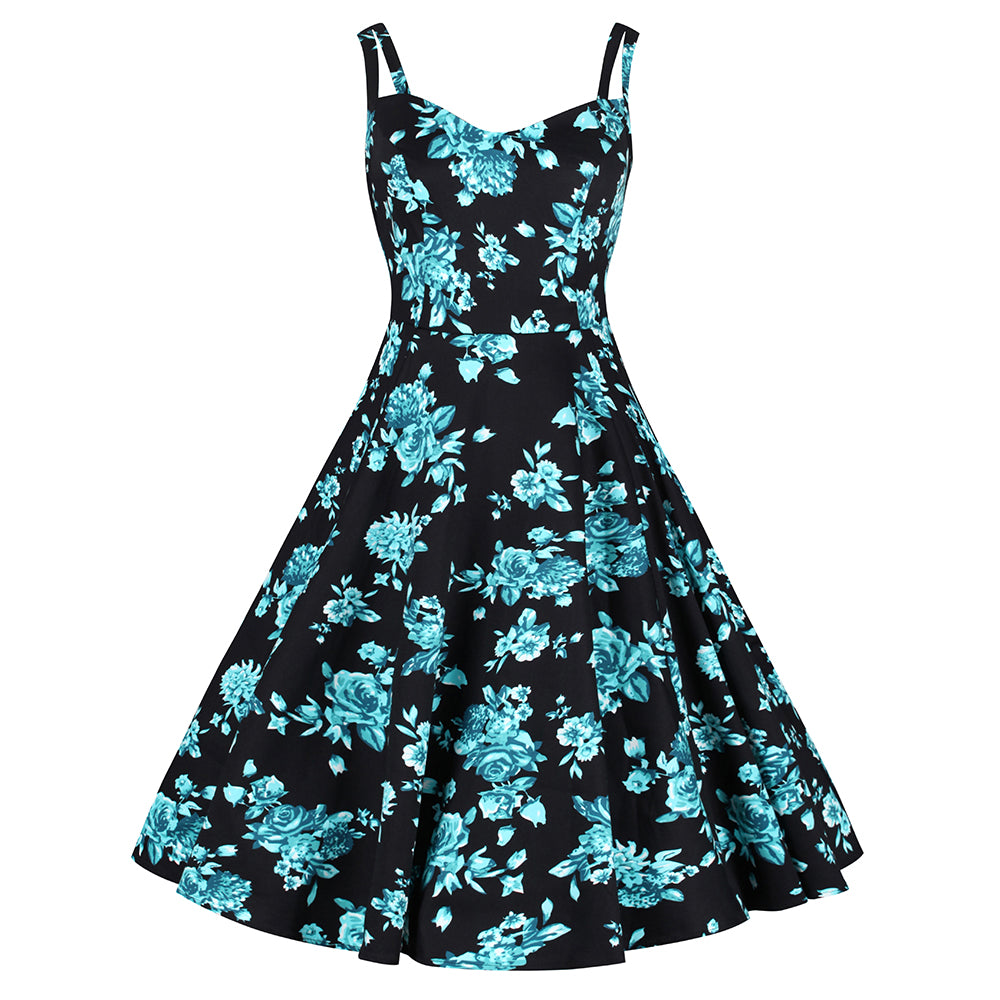 Black and Blue Floral Print Rockabilly 50s Swing Dress – Pretty Kitty ...