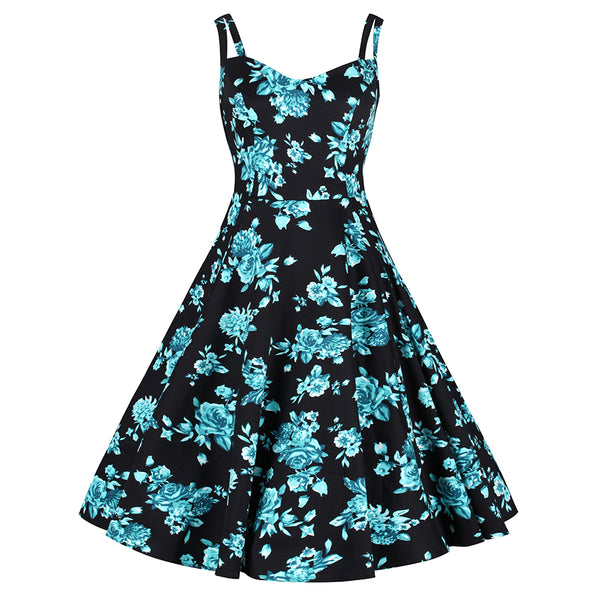 Black and Blue Floral Print Rockabilly 50s Swing Dress - Pretty Kitty ...