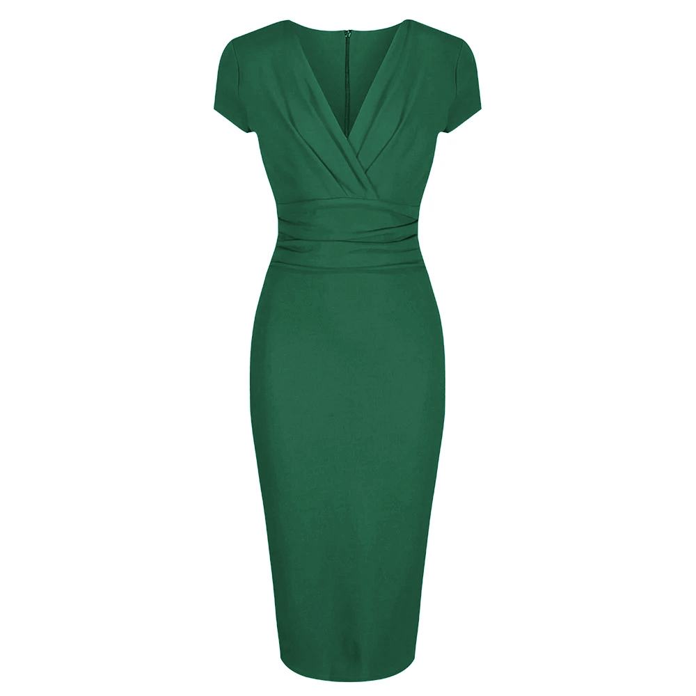 Emerald Green Deep V Neck Cap Sleeve Ruched Waist Bodycon Wiggle Dress