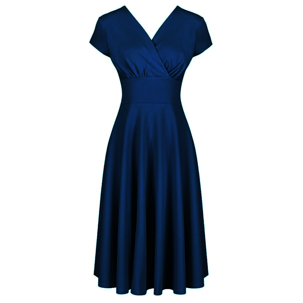 Navy Blue Vintage A Line Crossover Capped Sleeve Tea Swing Dress - Pretty Kitty Fashion