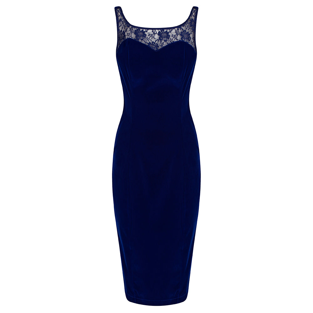 Royal Blue Velour and Lace Trim Sleeveless Wiggle Pencil Dress - Pretty Kitty Fashion