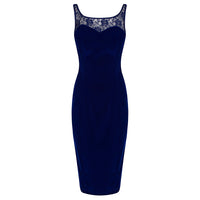 Royal Blue Velour and Lace Trim Sleeveless Wiggle Pencil Dress - Pretty Kitty Fashion