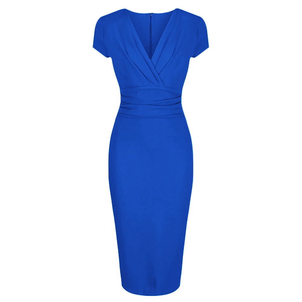 Royal Blue Deep V Cap Sleeve Bodycon Ruched Waist Wiggle Dress