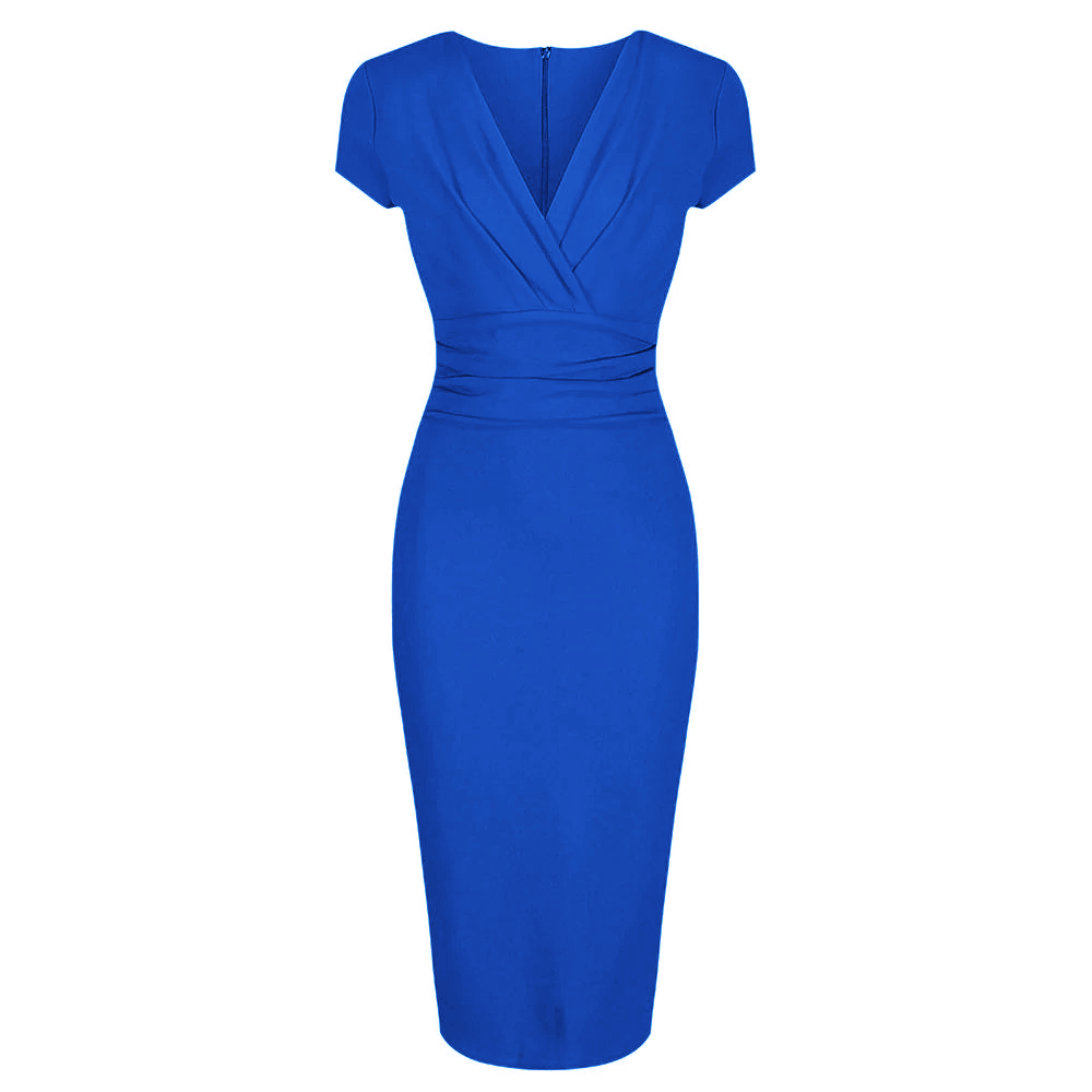 Royal Blue Deep V Cap Sleeve Bodycon Ruched Waist Wiggle Dress - Pretty Kitty Fashion