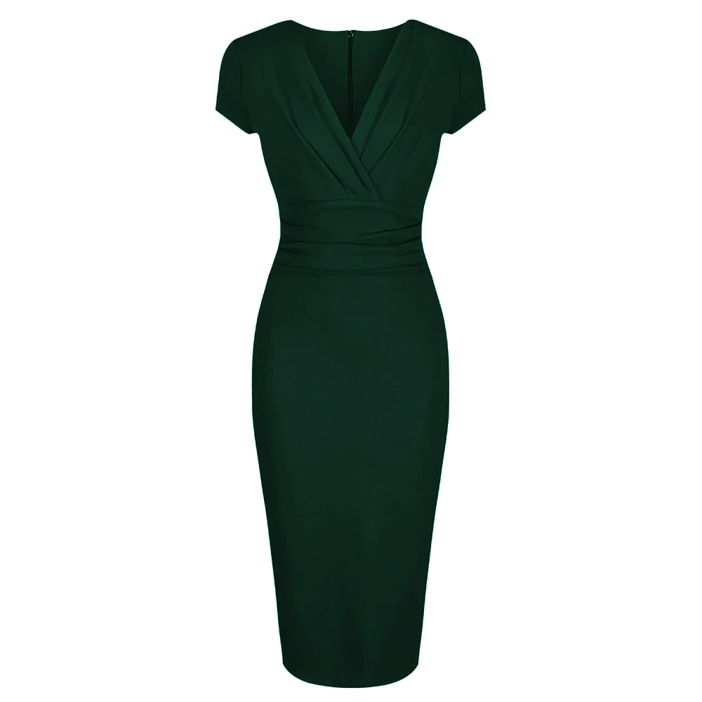 Forest Green Deep V Cap Sleeve Bodycon Ruched Waist Wiggle Dress