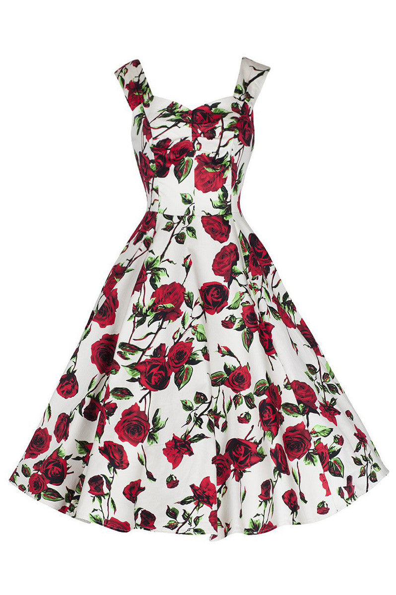 Ivory White and Red Rose Vintage Rockabilly Swing Dress - Pretty Kitty Fashion