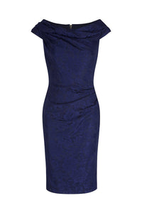Navy Blue Vintage Lace Bardot Wiggle Pencil Dress - Pretty Kitty Fashion